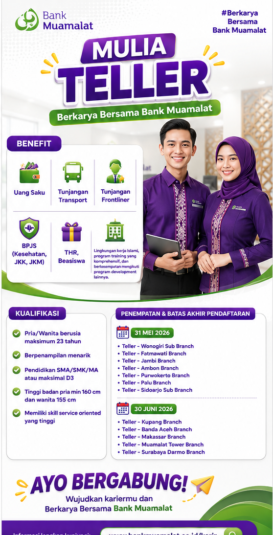 Bank Muamalat Buka Lowongan Mulia Teller 2026 untuk Lulusan SMA hingga D3
