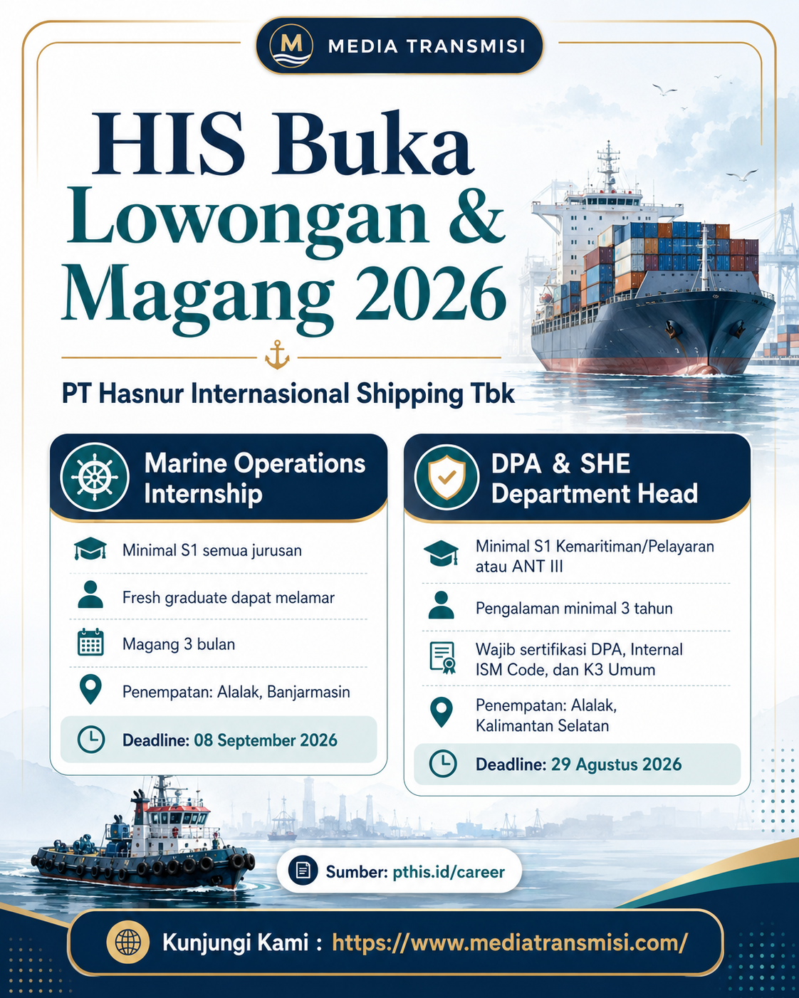 HIS Buka Marine Operations Internship dan DPA & SHE Department Head, Cek Deadline