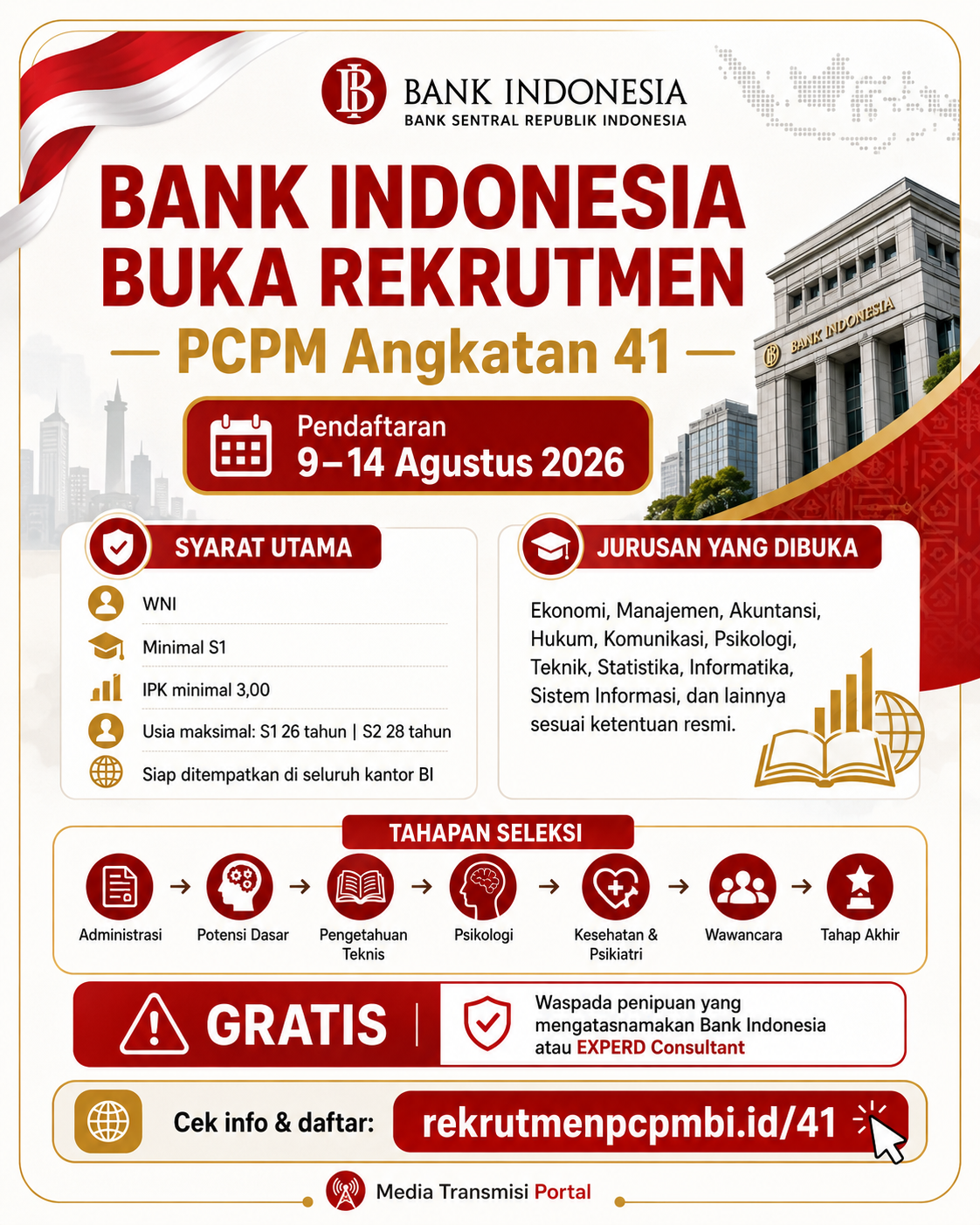 Bank Indonesia Buka Rekrutmen PCPM Angkatan 41, Pendaftaran 9–14 Agustus 2026: Cek Syarat dan Jadwal Seleksi